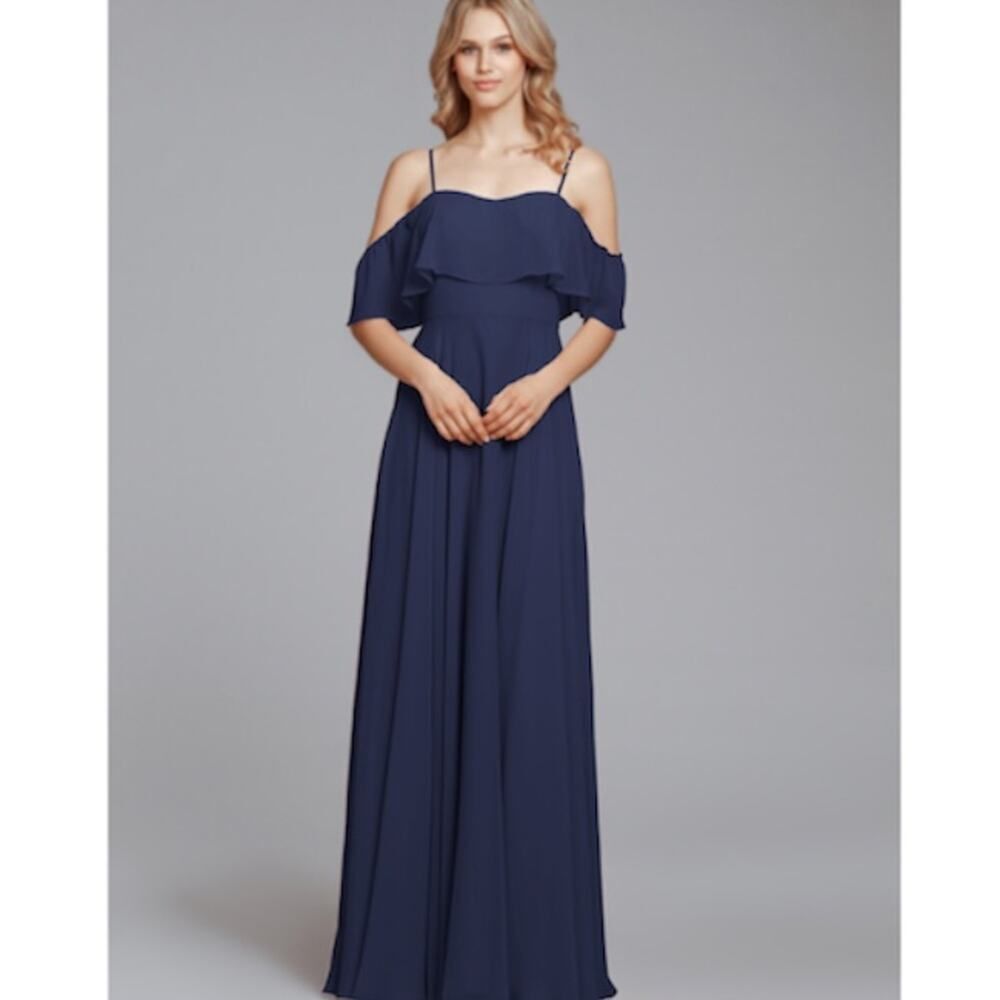 Hayley Paige Occasions Gown Style 5854 Size 6 Blue Chiffon Cold Shoulder NWT